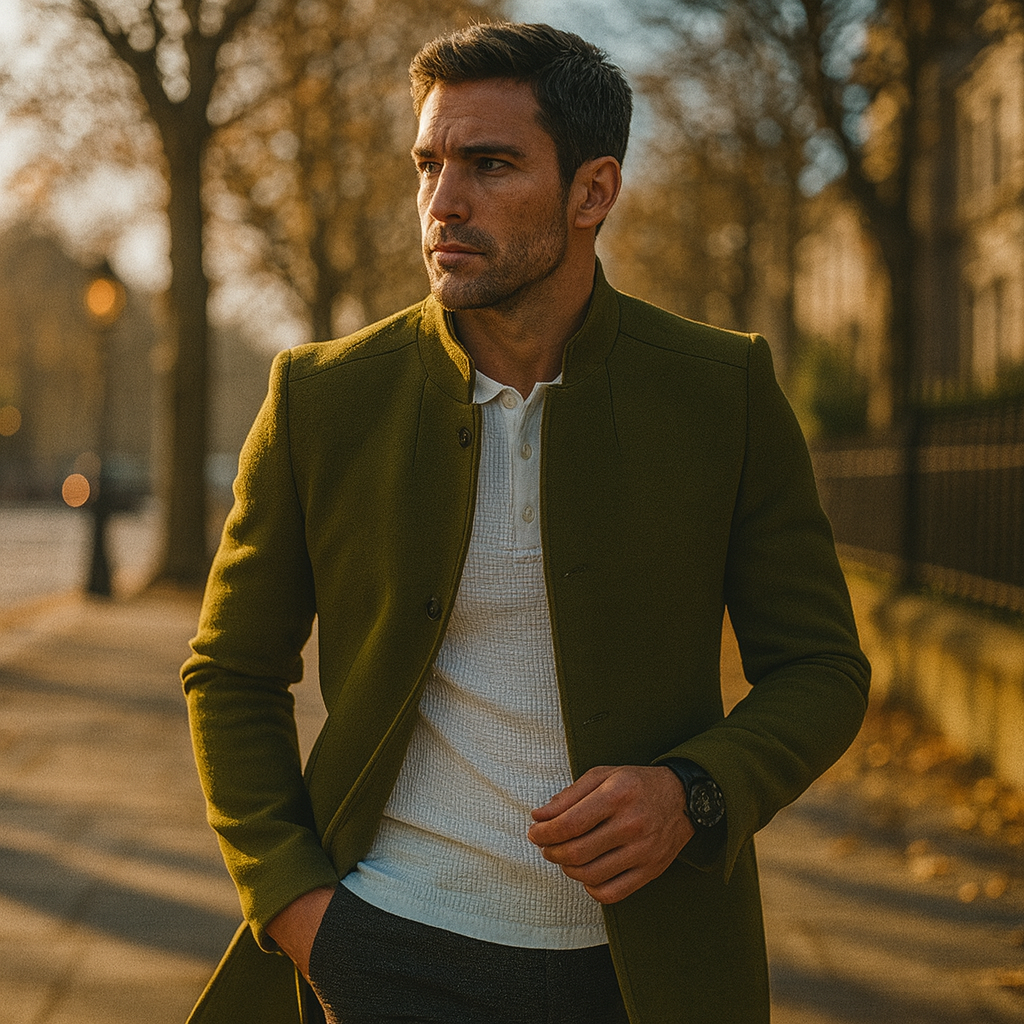 Męski minimalistyczny płaszcz zimowy zapinany na guziki z przodu w stylu smart casual