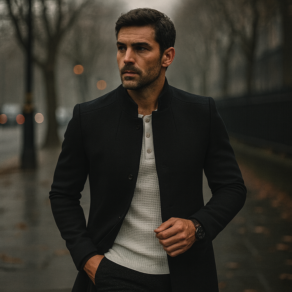 Męski minimalistyczny płaszcz zimowy zapinany na guziki z przodu w stylu smart casual