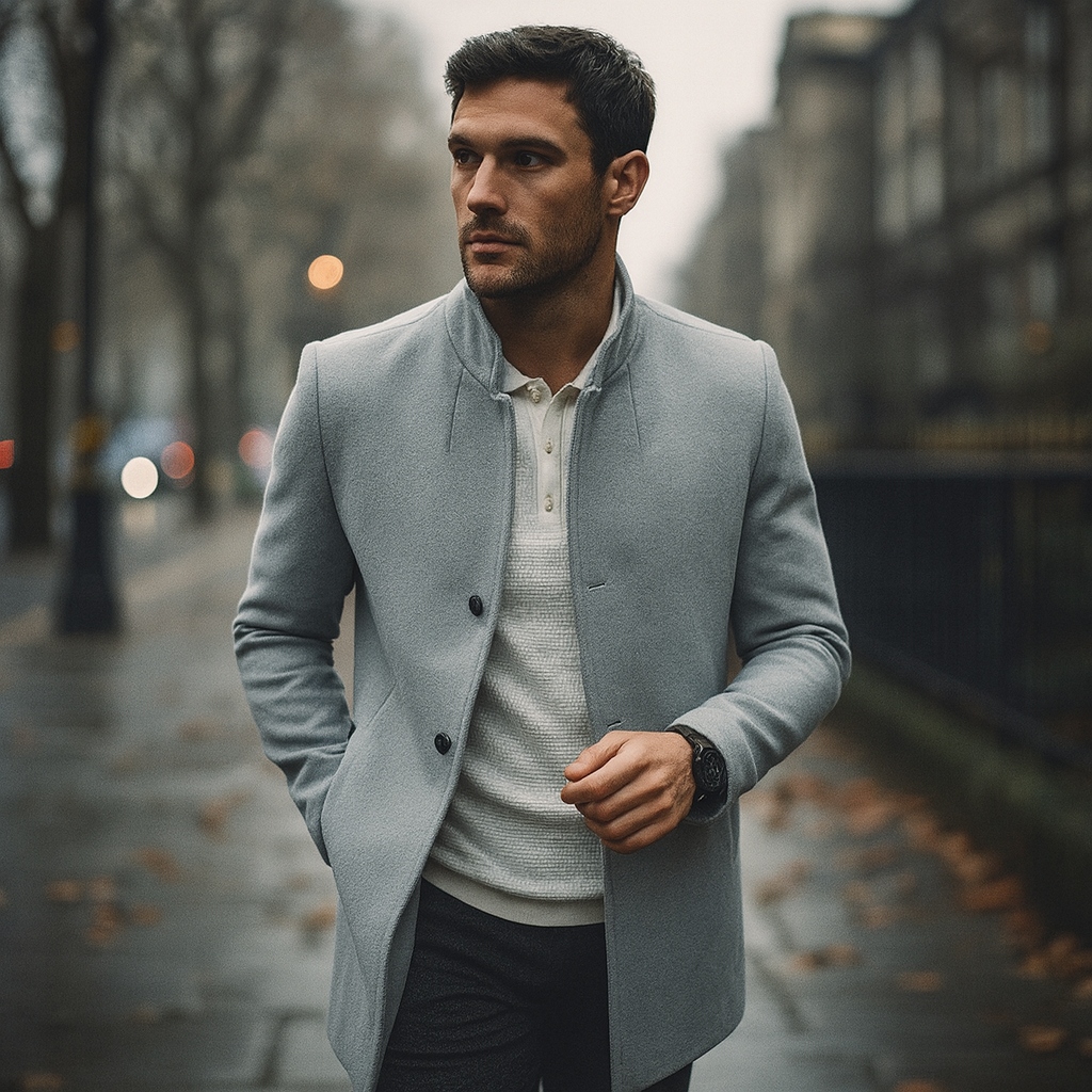 Męski minimalistyczny płaszcz zimowy zapinany na guziki z przodu w stylu smart casual