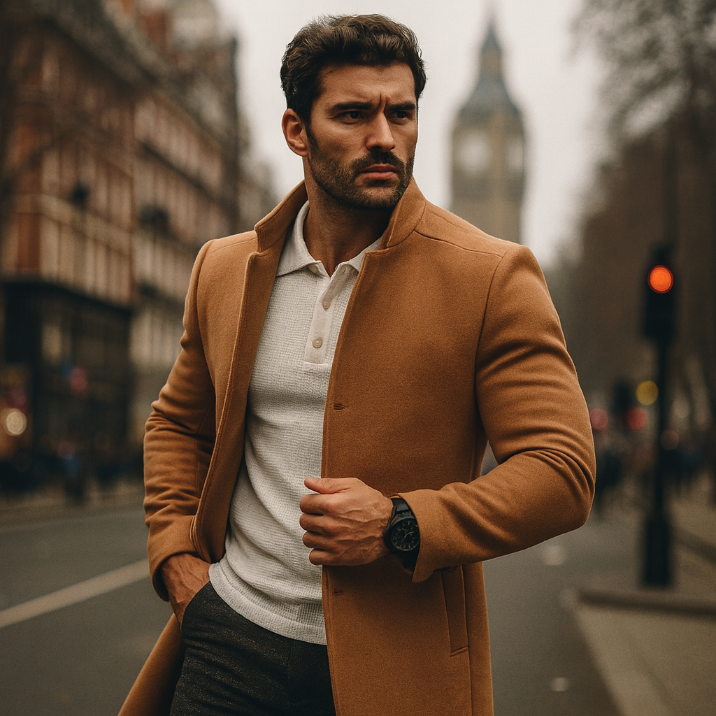 Męski minimalistyczny płaszcz zimowy zapinany na guziki z przodu w stylu smart casual